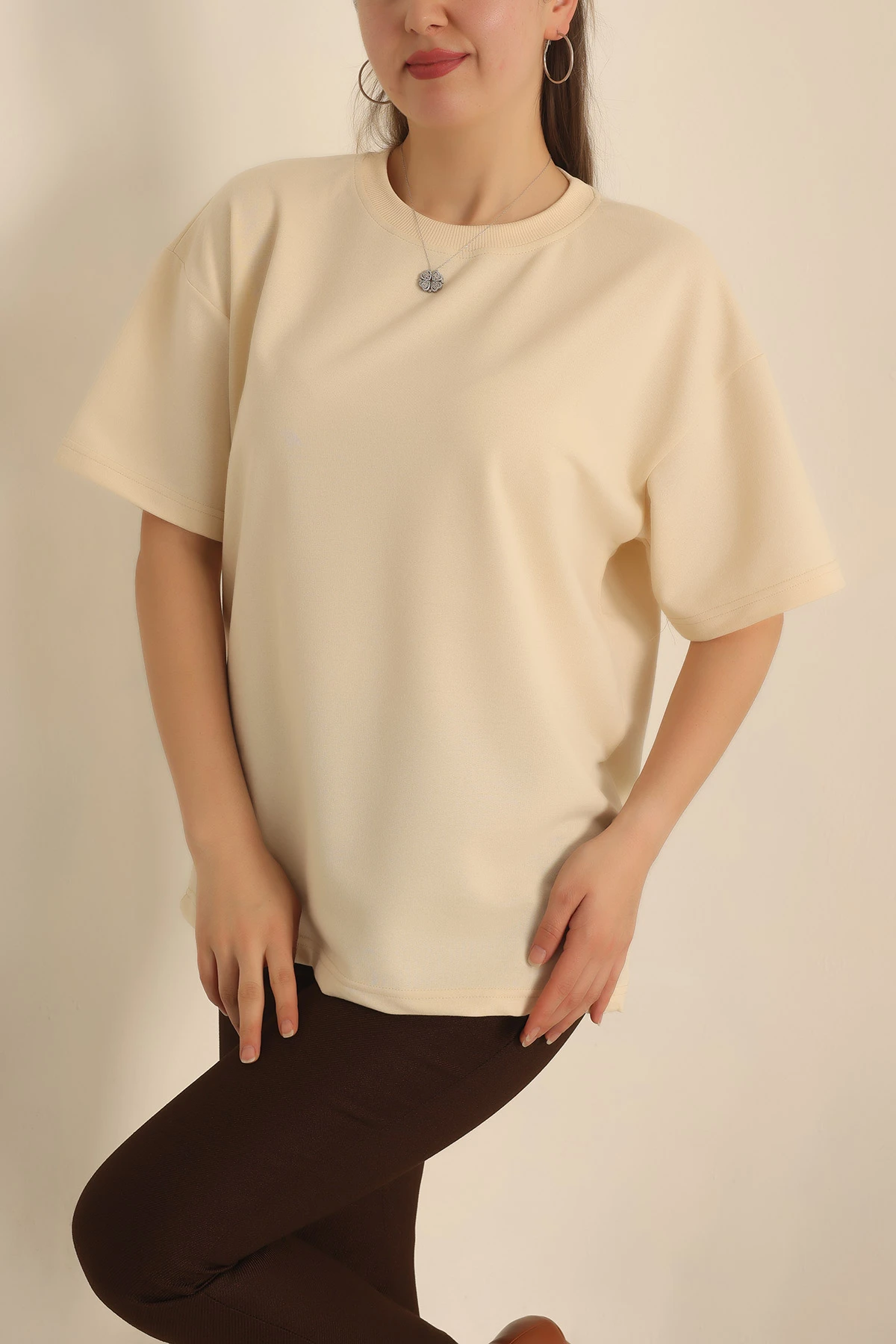 Bej İki İp Oversize Bayan Tişört 234376