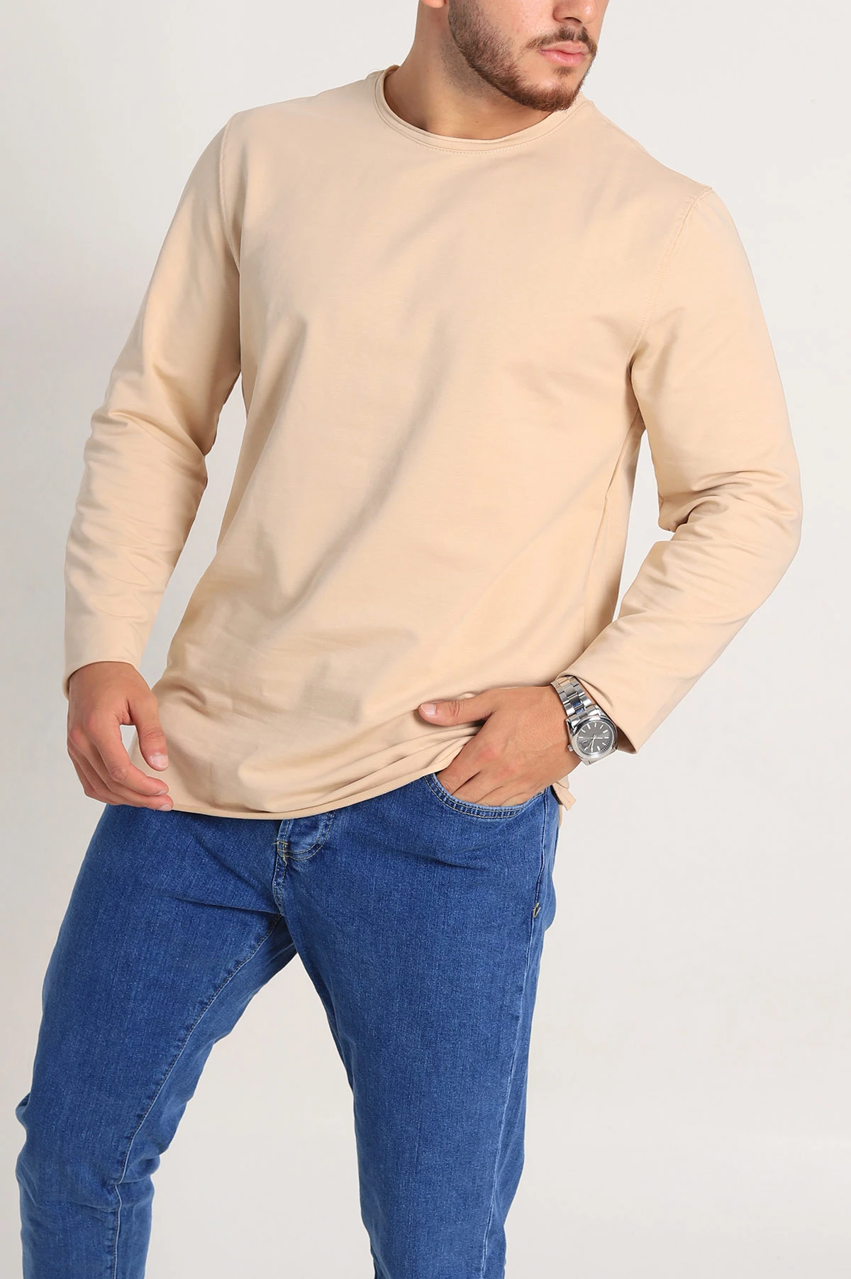 Bej İki İp Yırtık Yaka Detaylı Basic Erkek Sweatshirt 299819