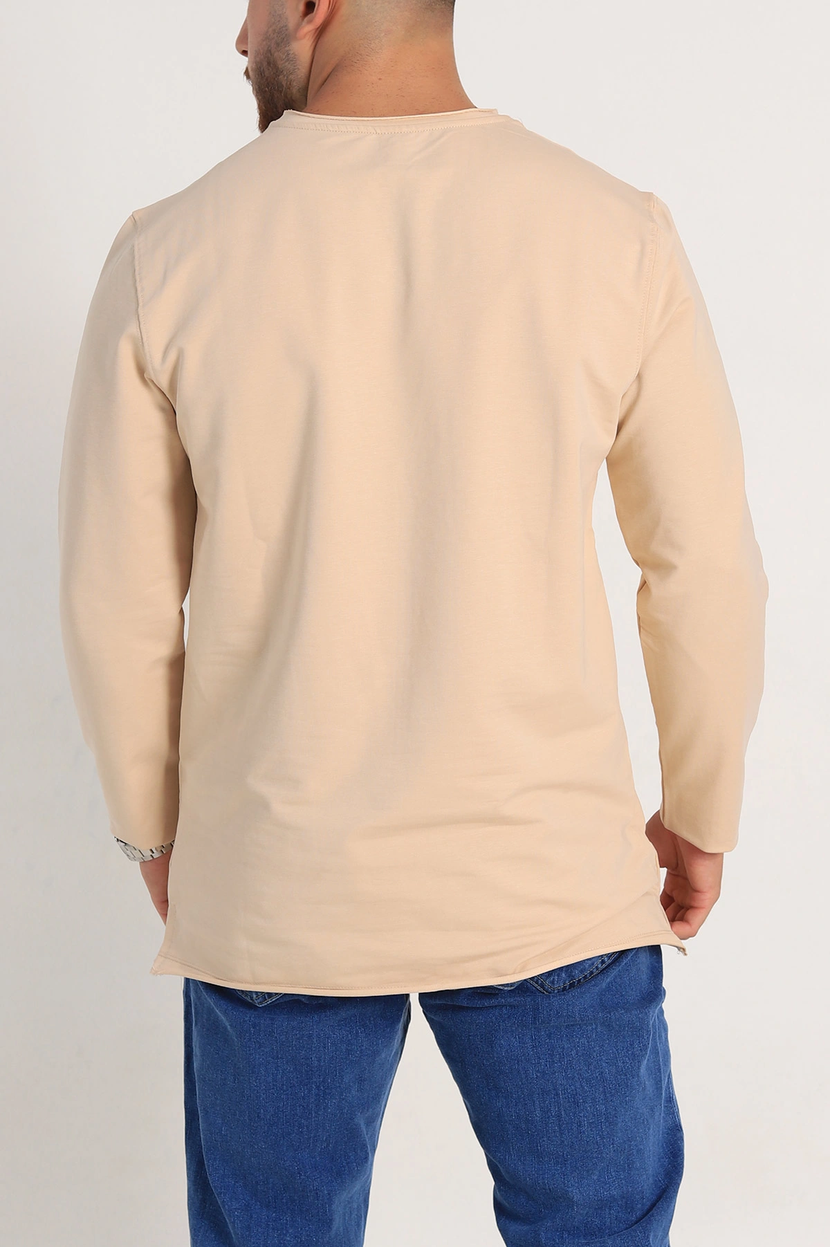 Bej İki İp Yırtık Yaka Detaylı Basic Erkek Sweatshirt 299819