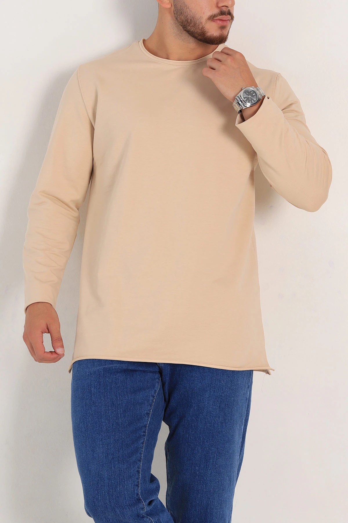 Bej İki İp Yırtık Yaka Detaylı Basic Erkek Sweatshirt 299819