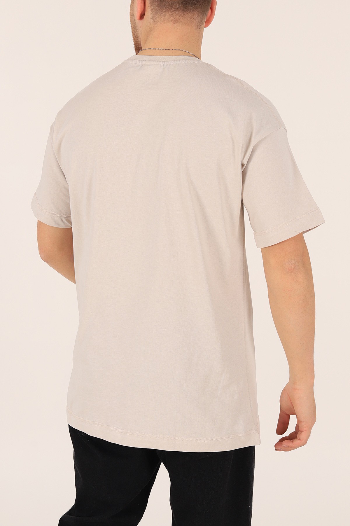 Bej İmza Detaylı Parçalı Oversize Tişört 165228