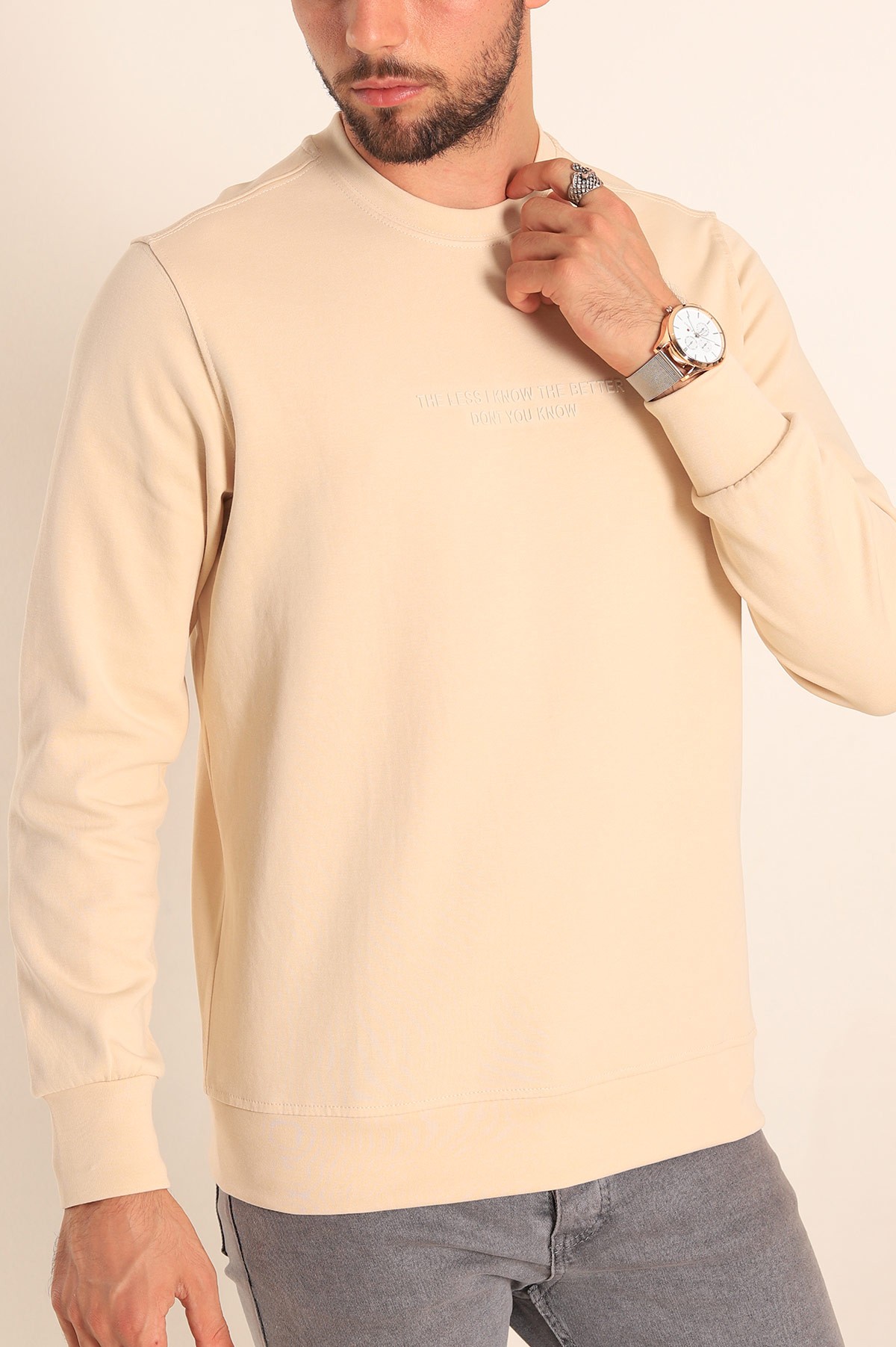 Bej Kabartma Yazılı Bisiklet Yaka Erkek Sweatshirt 204808