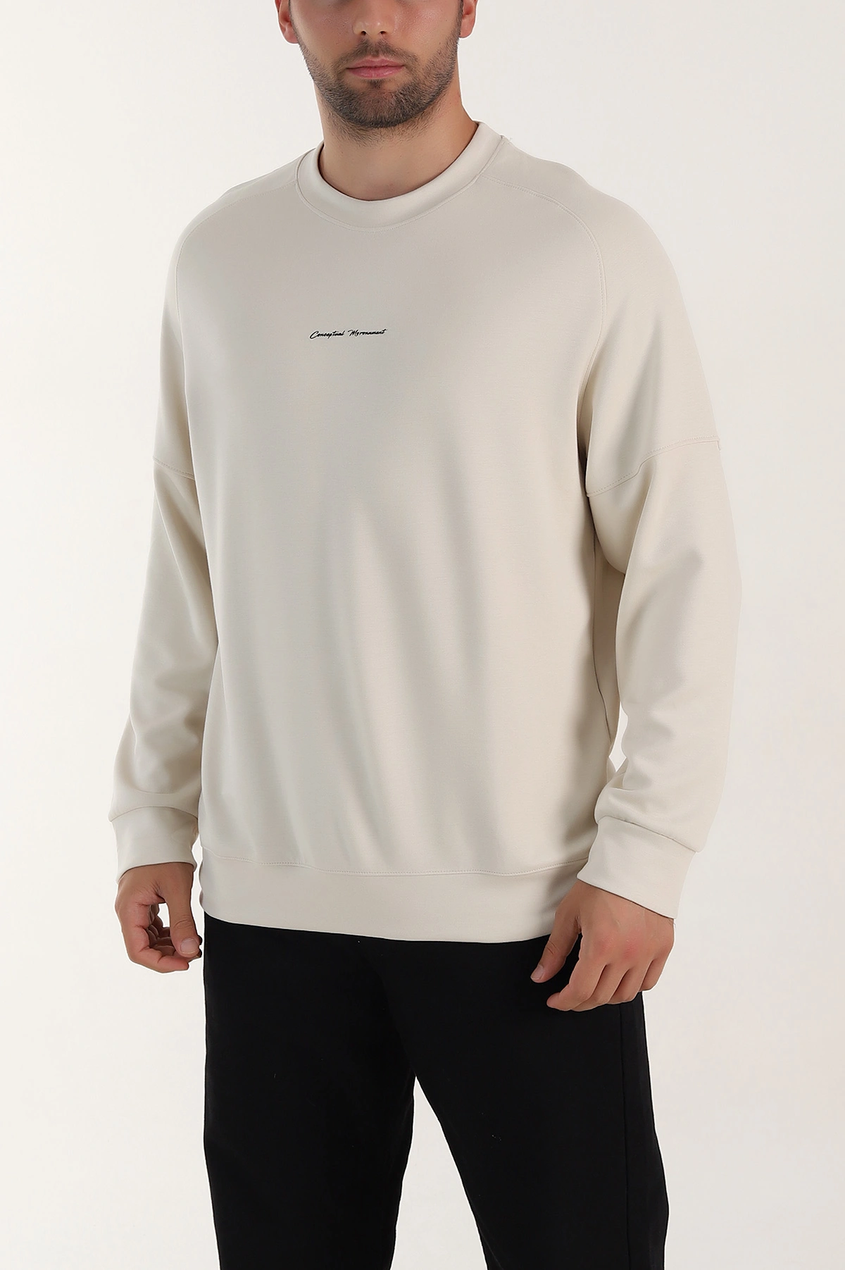 Bej Kabartma Yazılı Bisiklet Yaka Erkek Sweatshirt 396891