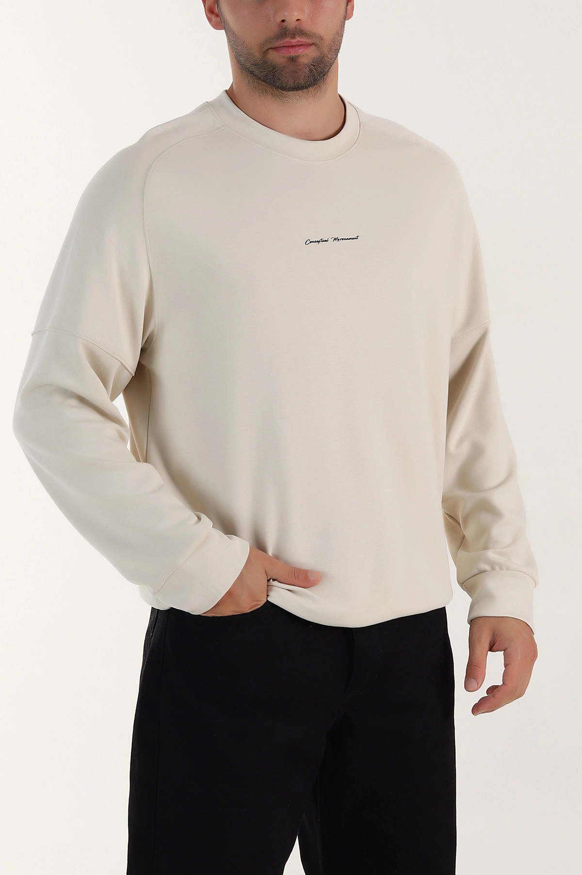 Bej Kabartma Yazılı Bisiklet Yaka Erkek Sweatshirt 396891