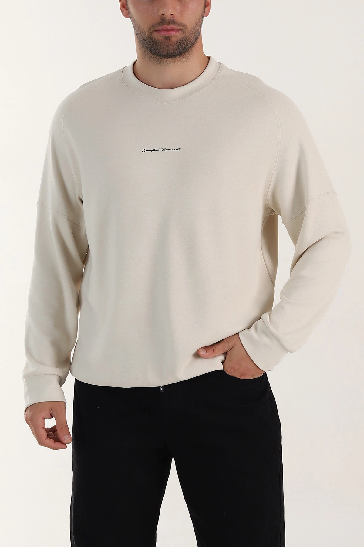 Bej Kabartma Yazılı Bisiklet Yaka Erkek Sweatshirt 396891