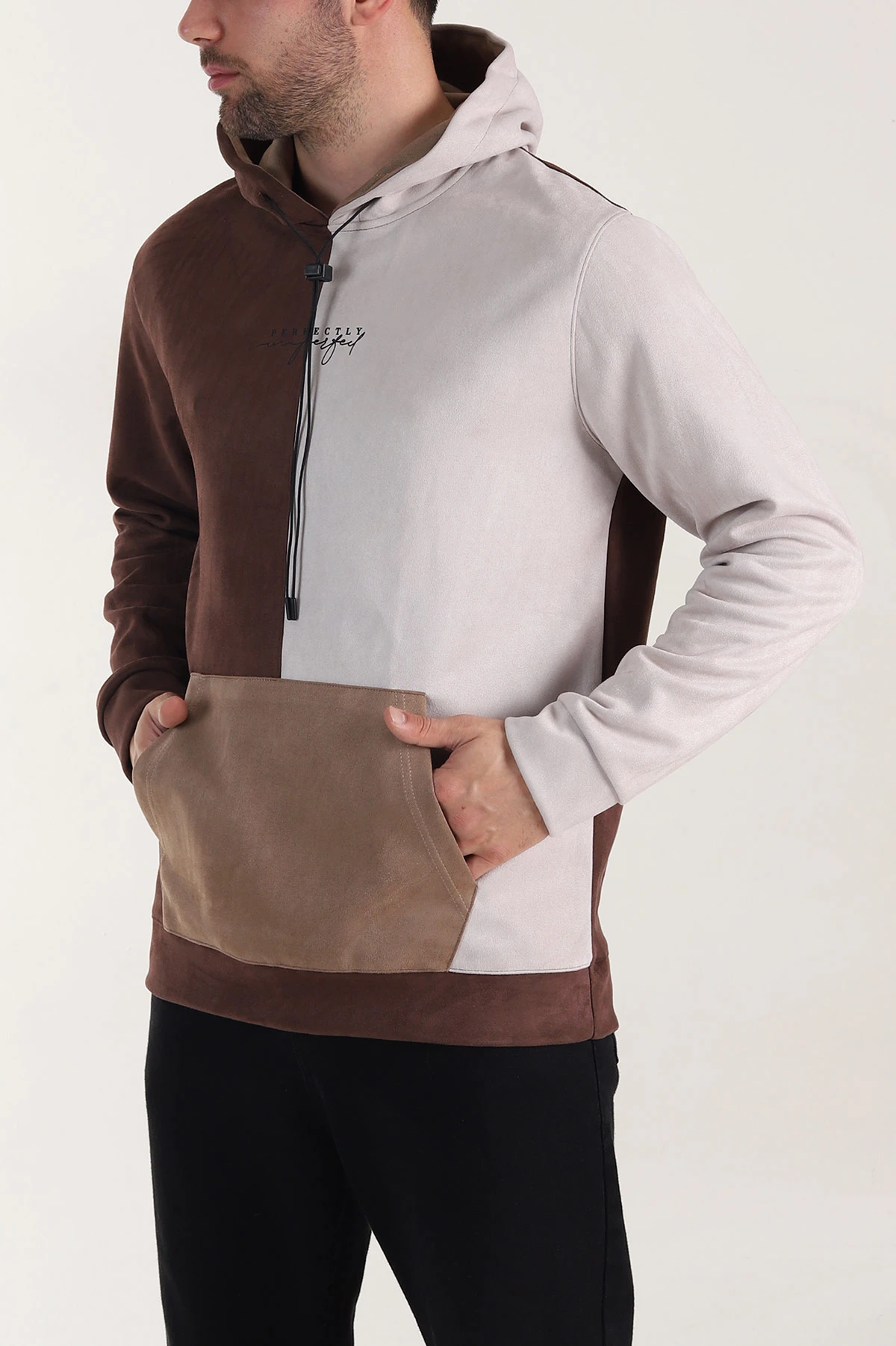 Bej Kahverengi Kapüşonlu Yazı Detaylı Cepli Erkek Sweatshirt 413639