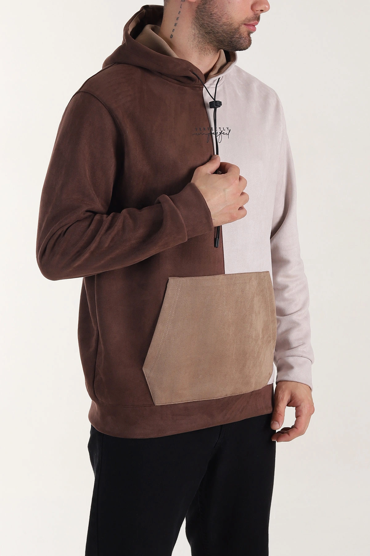 Bej Kahverengi Kapüşonlu Yazı Detaylı Cepli Erkek Sweatshirt 413639