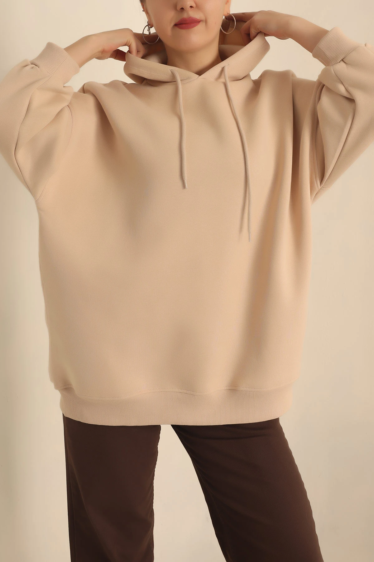Bej Kapüşonlu İçi Şardonlu Oversize Sweat 229545