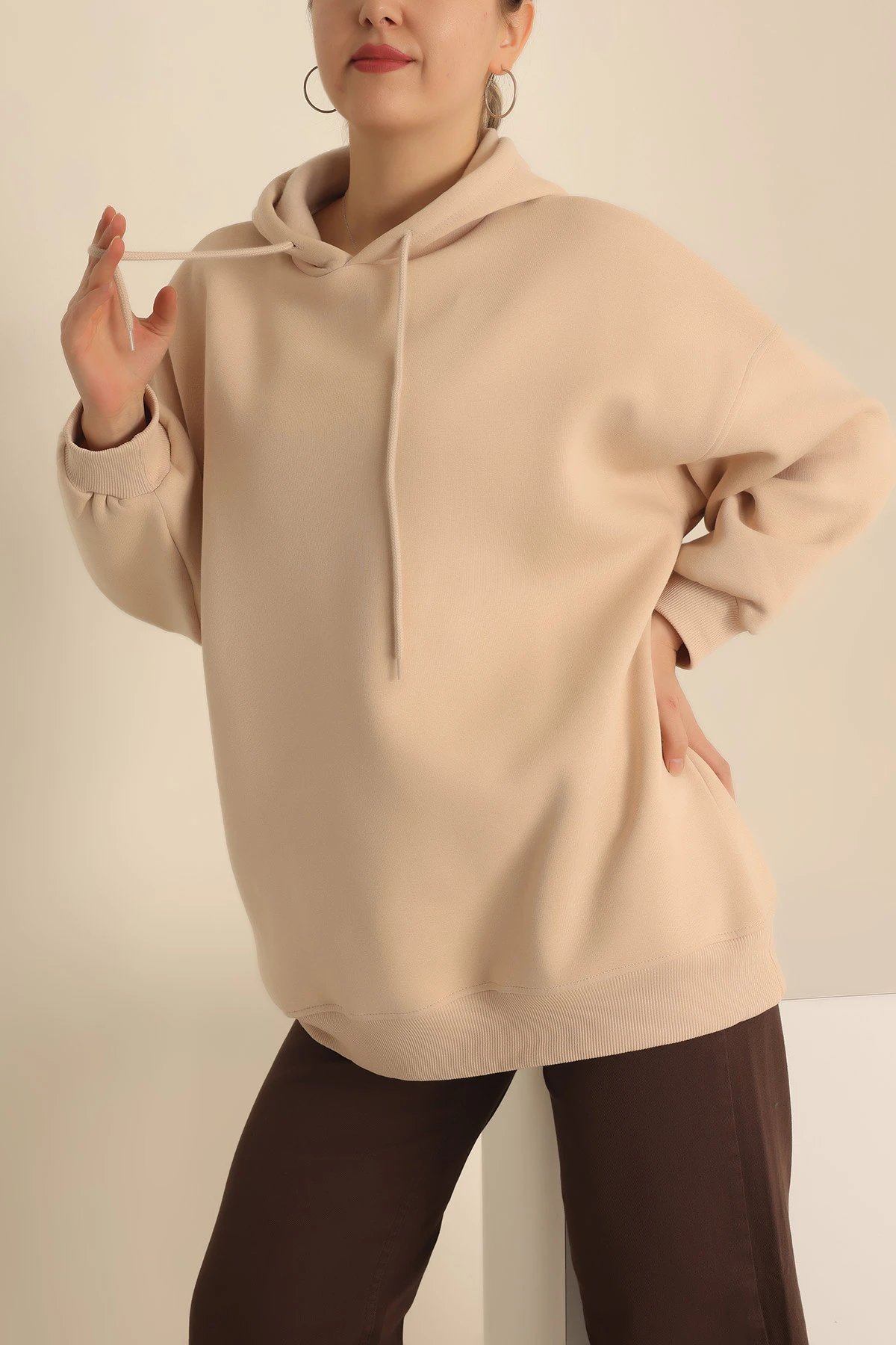 Bej Kapüşonlu İçi Şardonlu Oversize Sweat 229545
