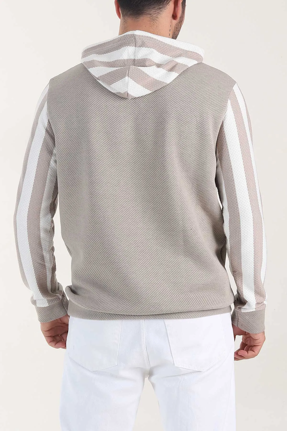 Bej Kapüşonlu Şerit Detaylı Erkek Sweatshirt 408065