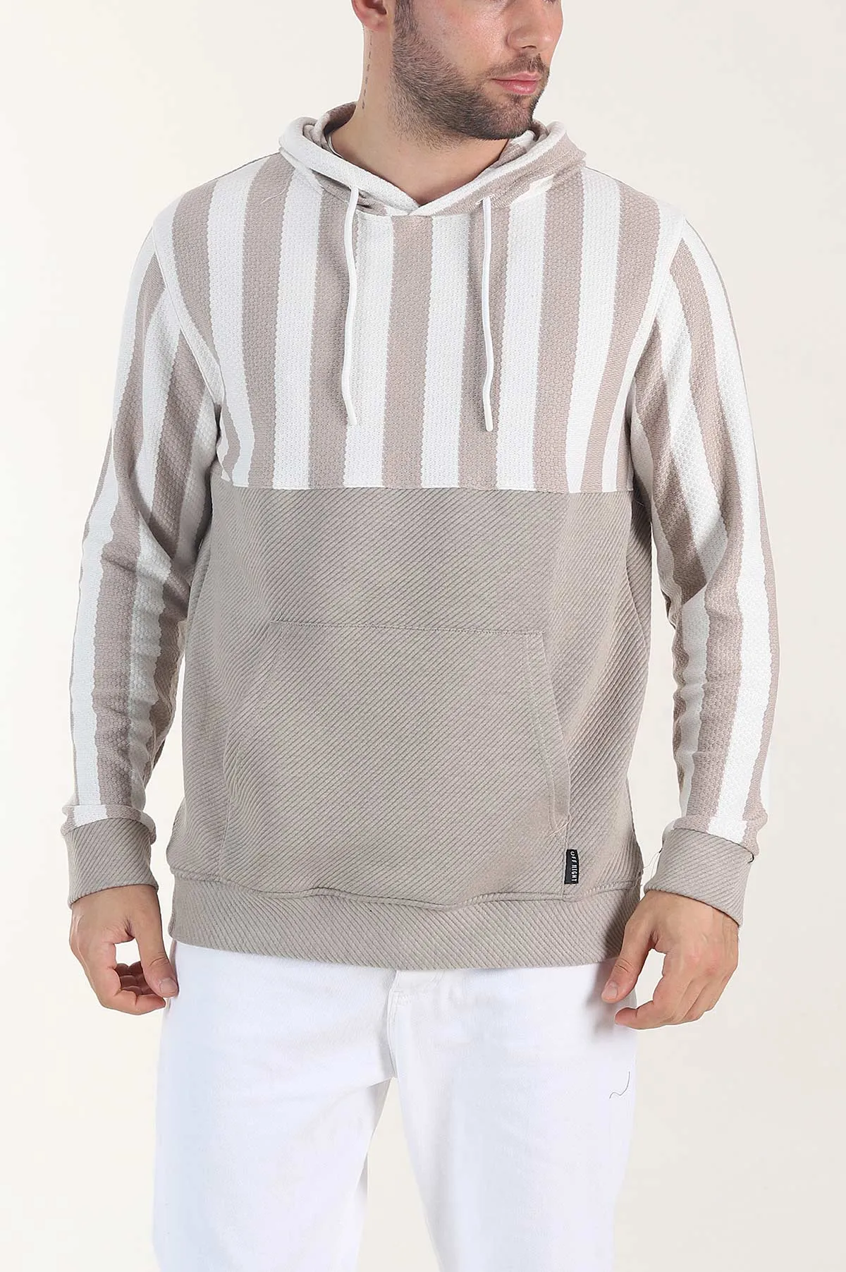 Bej Kapüşonlu Şerit Detaylı Erkek Sweatshirt 408065