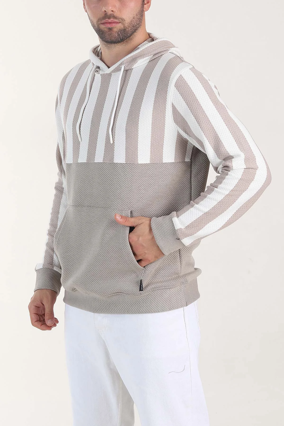 Bej Kapüşonlu Şerit Detaylı Erkek Sweatshirt 408065