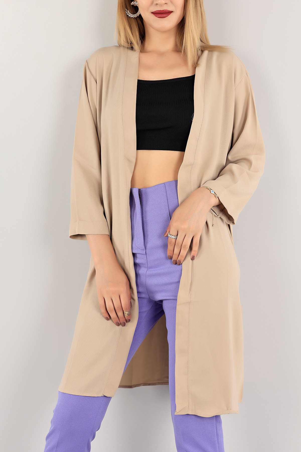 Bej Kemerli Duble Kol Kimono Hırka 116411