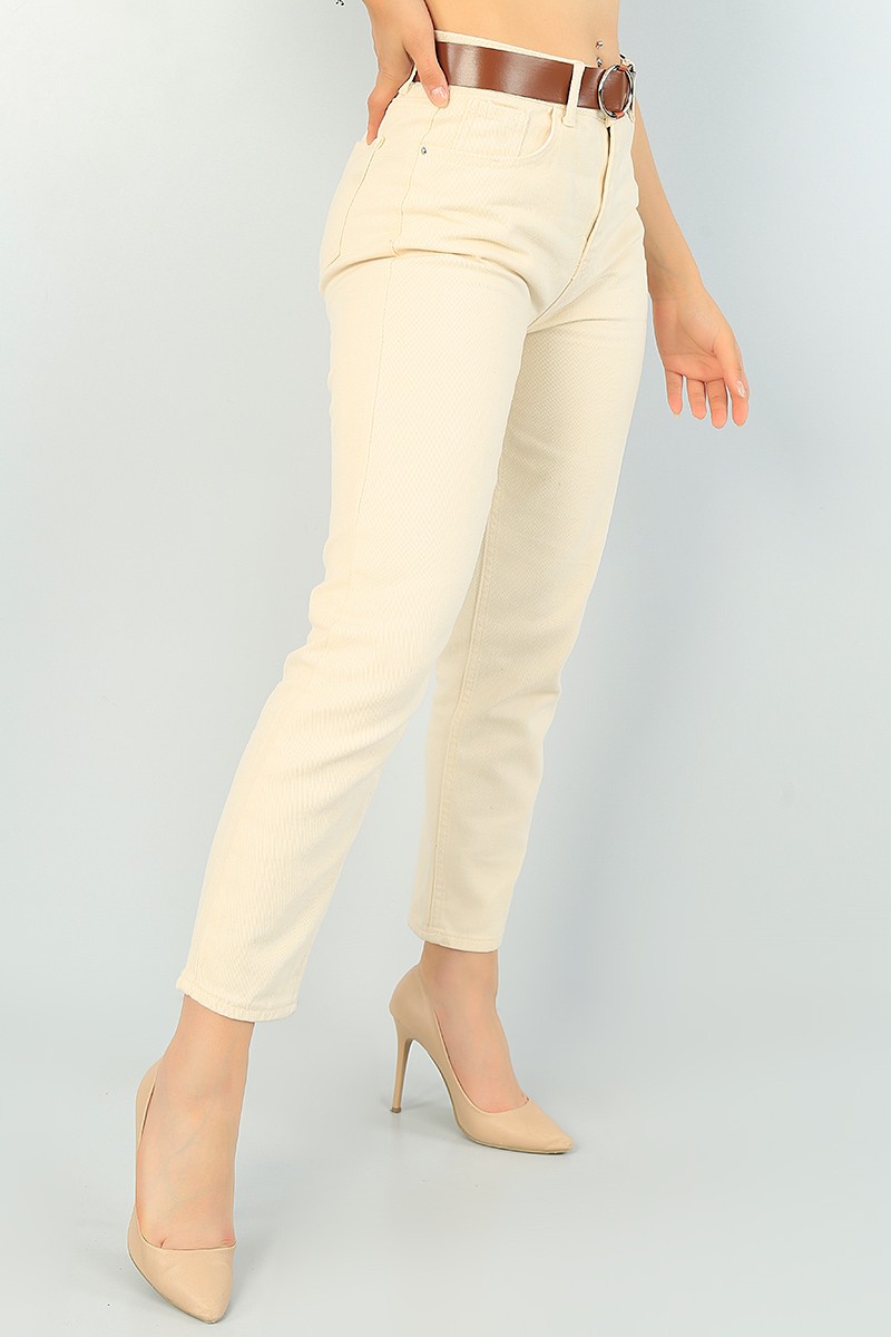 Bej Kemerli Mom Bayan Kot Pantolon 68305