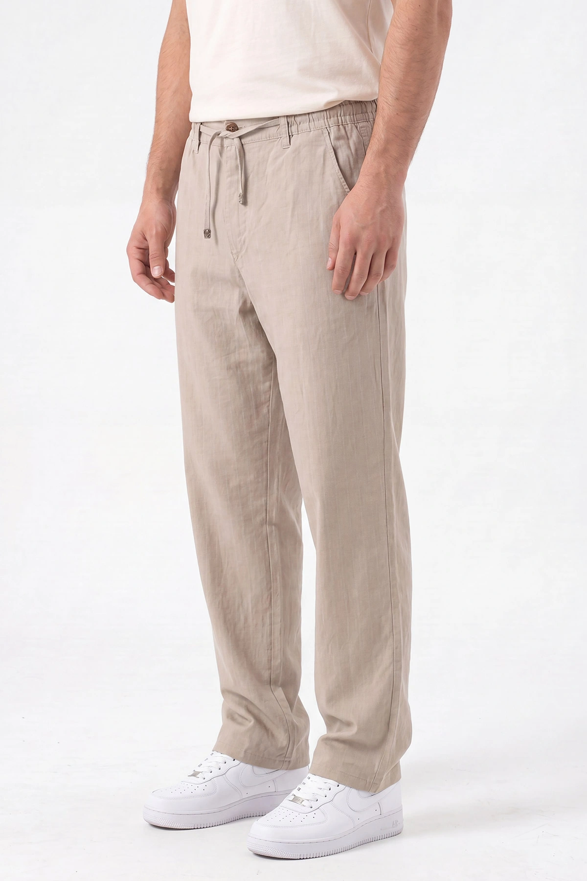 Bej Keten Baggy Çizgi Detaylı Belden Bağlamalı Erkek Pantolon 466689