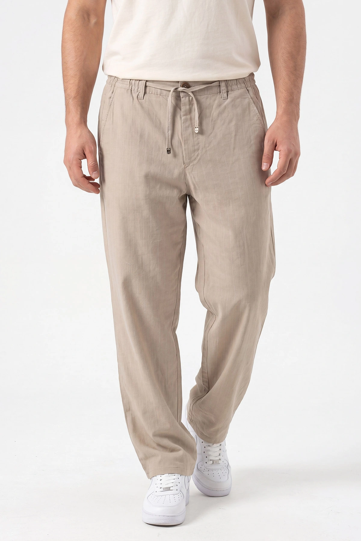 Bej Keten Baggy Çizgi Detaylı Belden Bağlamalı Erkek Pantolon 466689