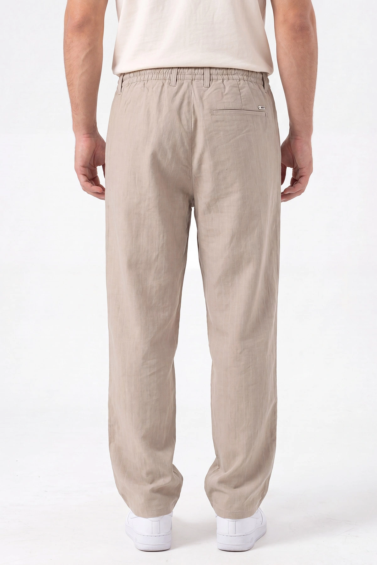 Bej Keten Baggy Çizgi Detaylı Belden Bağlamalı Erkek Pantolon 466689