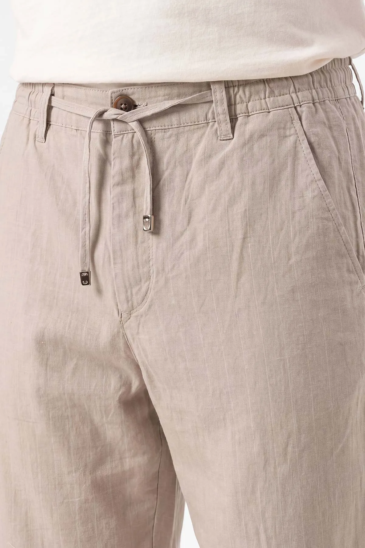 Bej Keten Baggy Çizgi Detaylı Belden Bağlamalı Erkek Pantolon 466689