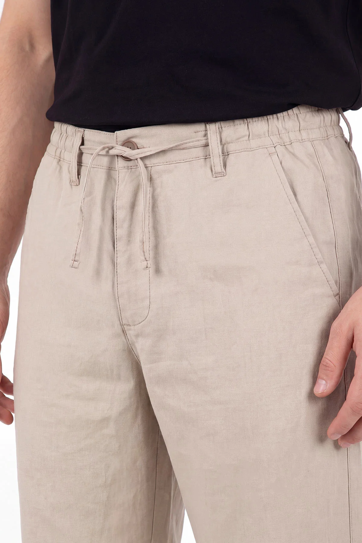 Bej Keten Yeni Sezon Baggy Belden Bağlamalı Erkek Pantolon 462733