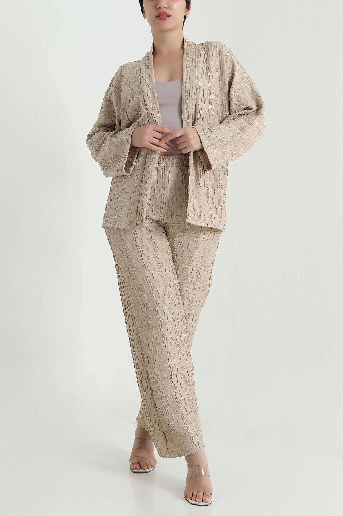 Bej Kimono Pantolon Gofre Kadın İkili Takım 470020