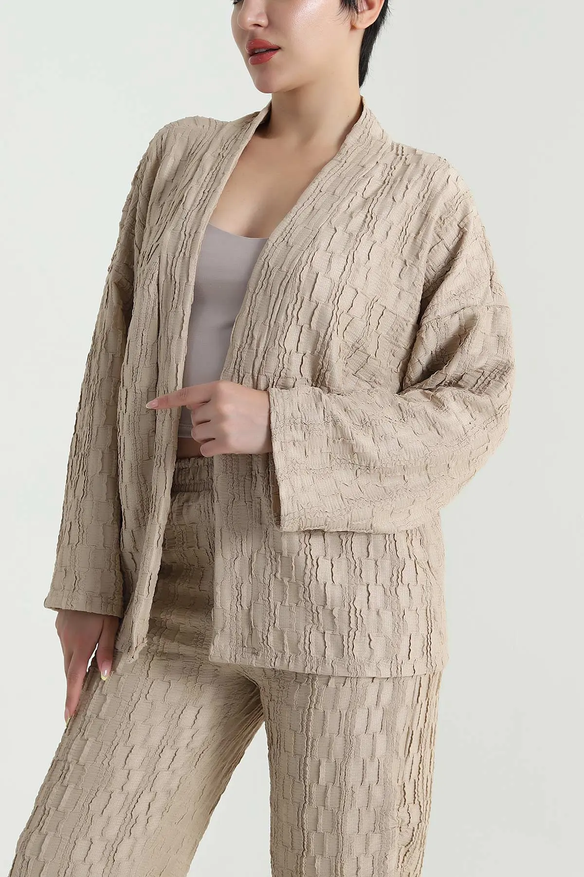 Bej Kimono Pantolon Gofre Kadın İkili Takım 470020