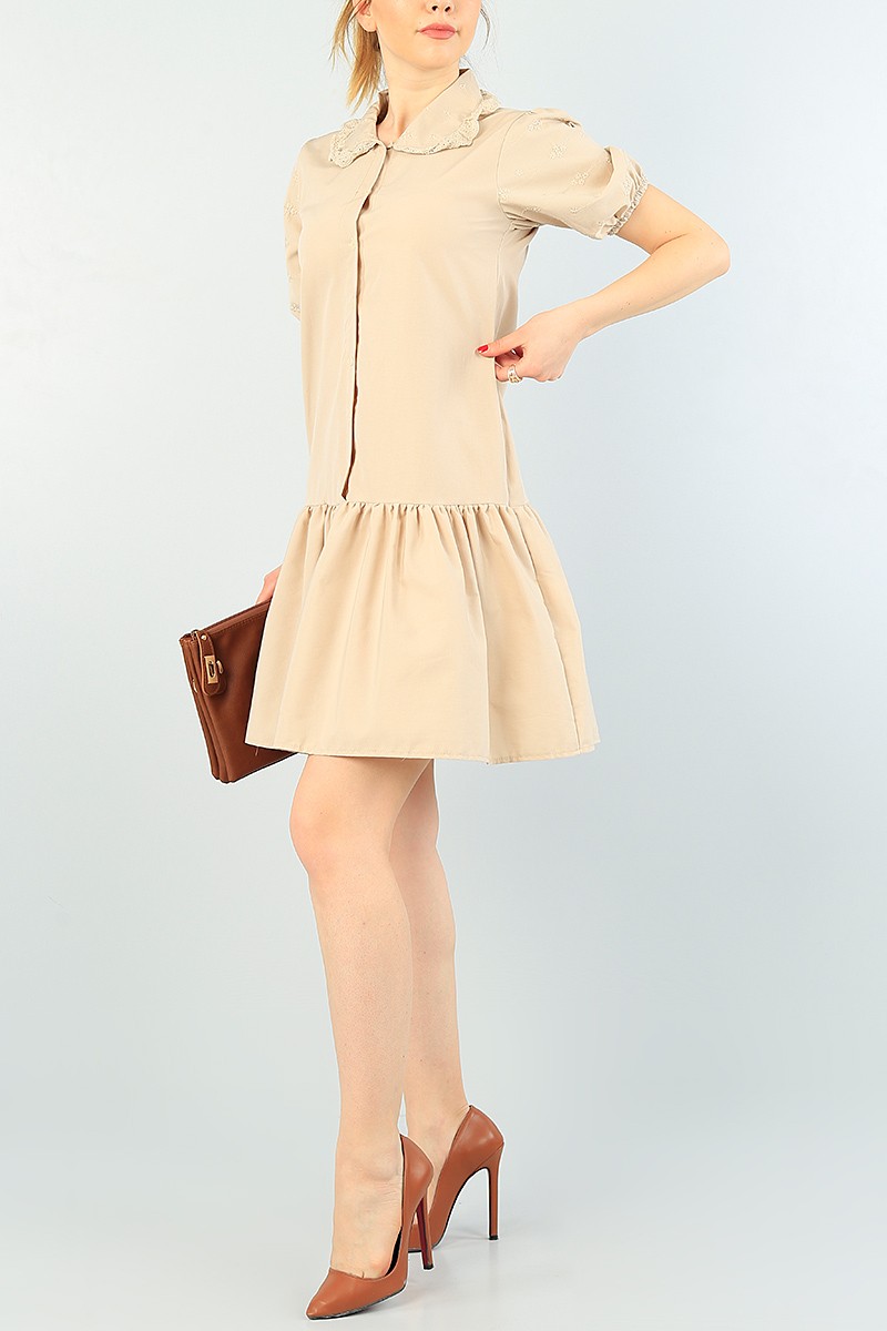 Bej Kol ve Yaka Dantelli Poplin Elbise 63410