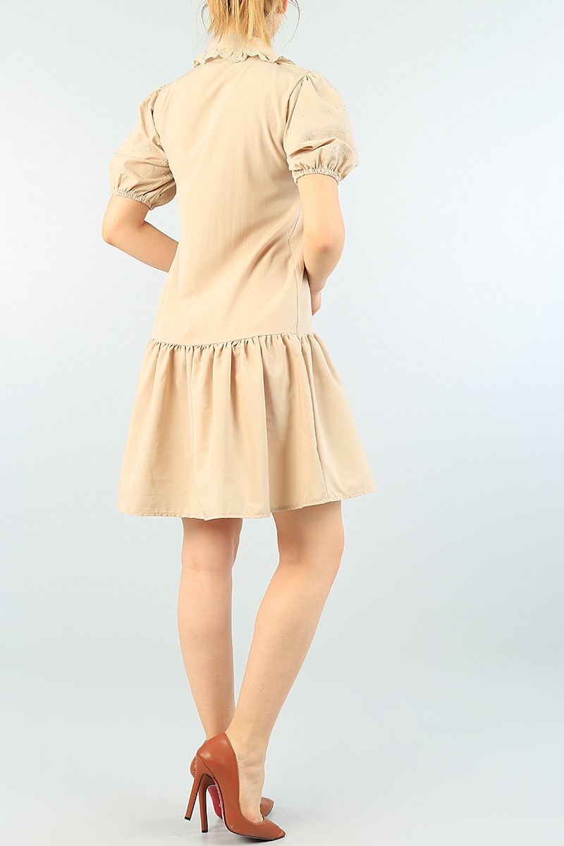 Bej Kol ve Yaka Dantelli Poplin Elbise 63410
