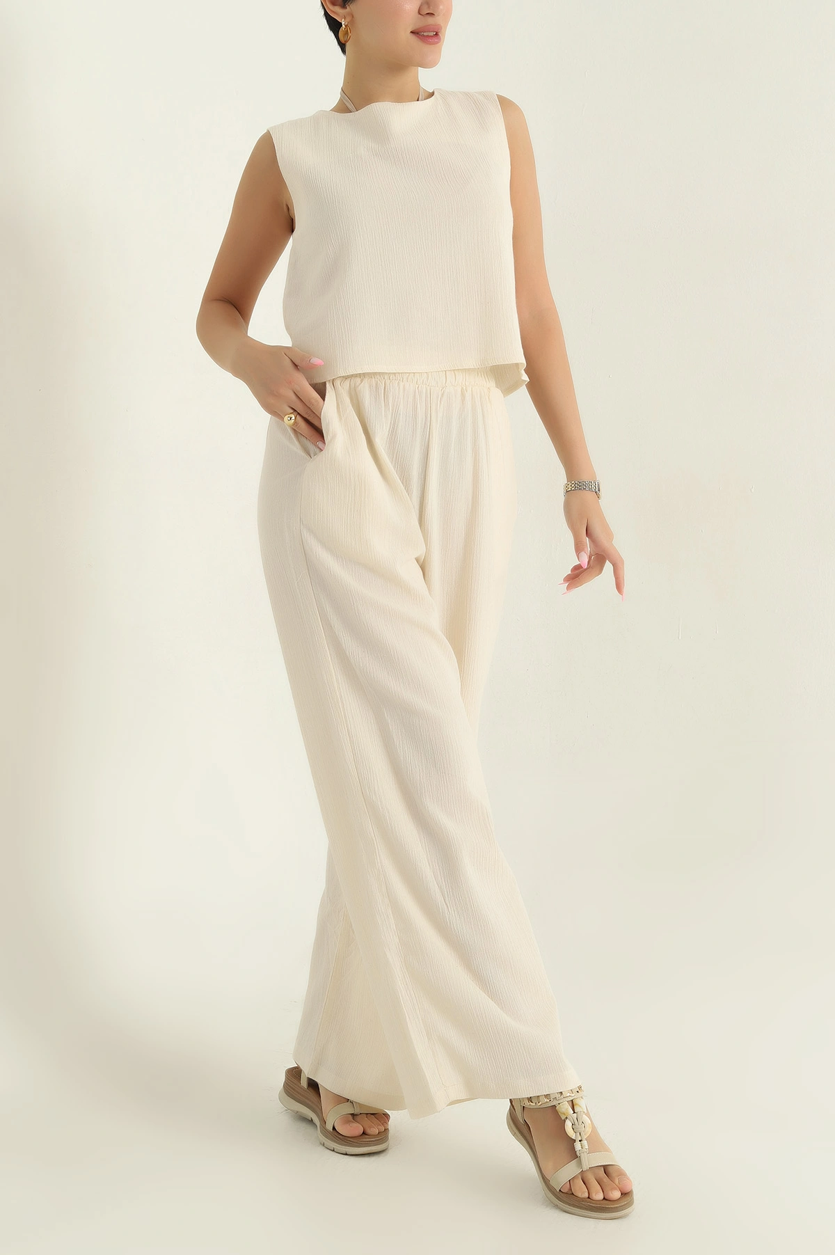 Bej Krinkıl Bluz Pantolon Kadın İkili Takım 374506