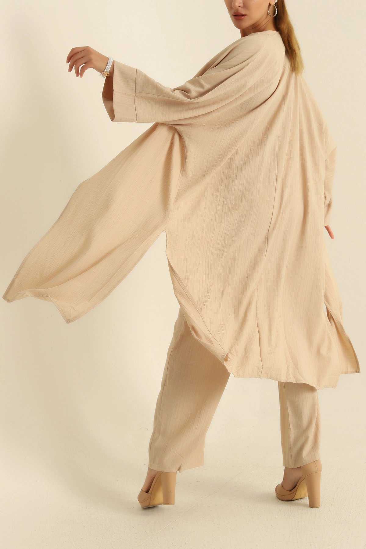 Bej Krinkıl Kimono Pantolon İkili Takım 278673
