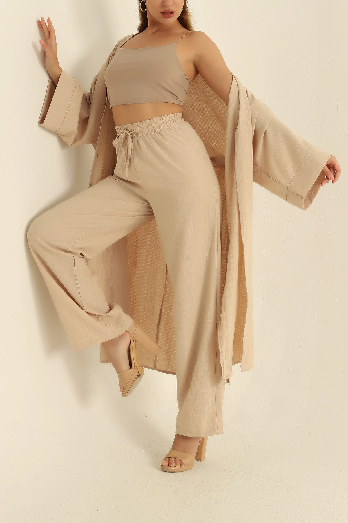 Bej Krinkıl Kimono Pantolon İkili Takım 278673
