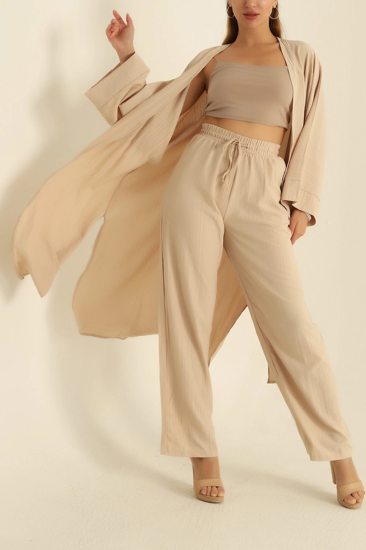 Bej Krinkıl Kimono Pantolon İkili Takım 278673