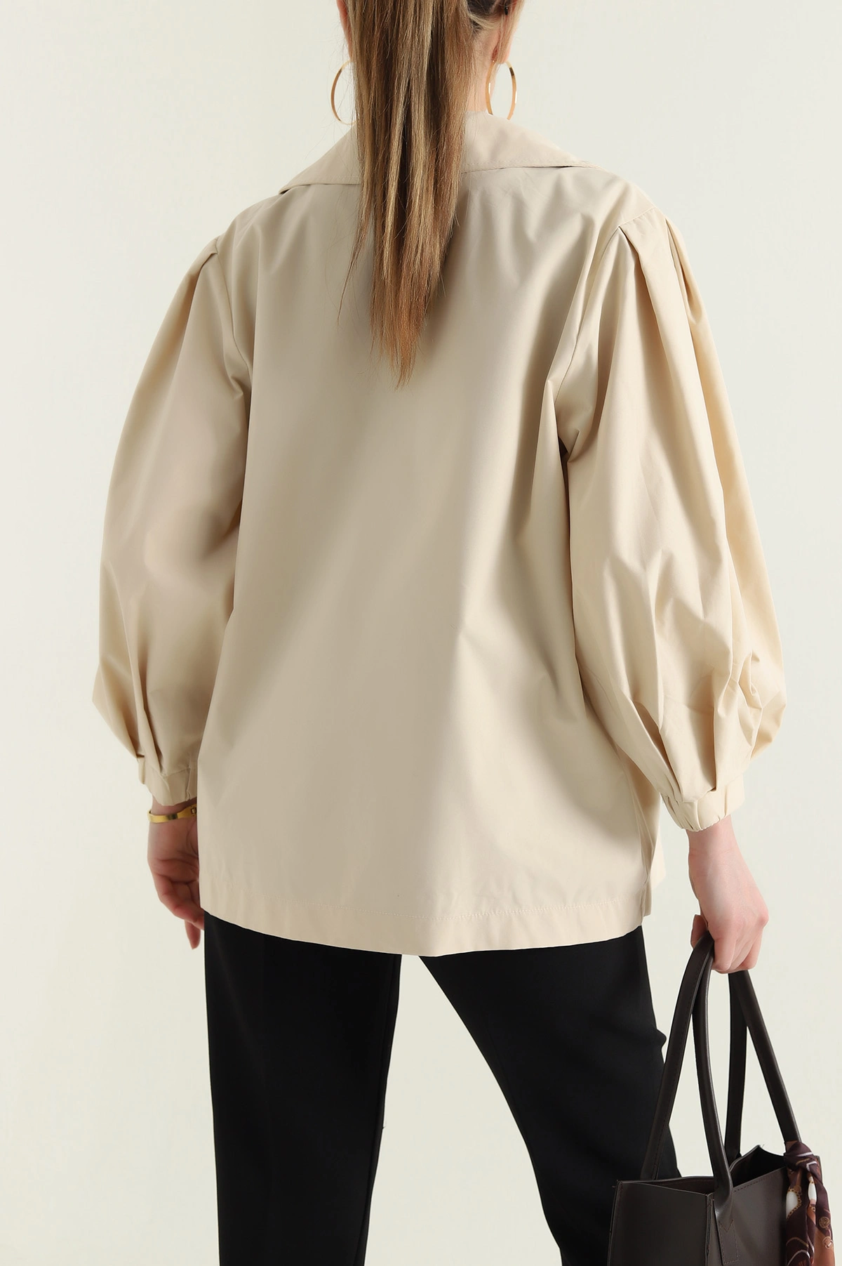 Bej Kruvaze Yaka Oversize Trenç Kumaş Kadın Ceket 429805