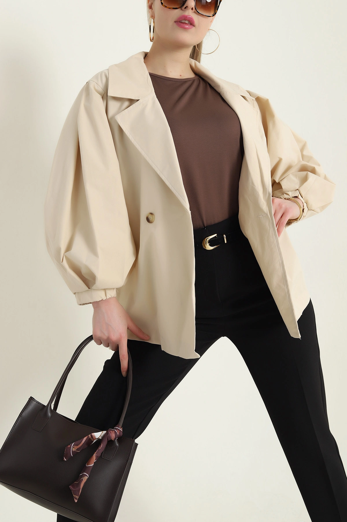Bej Kruvaze Yaka Oversize Trenç Kumaş Kadın Ceket 429805