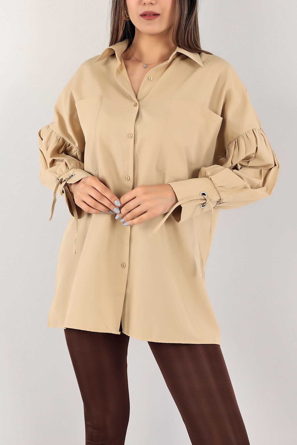 Bej Kuş Gözlü Poplin Kumaş Gömlek Tunik 115973
