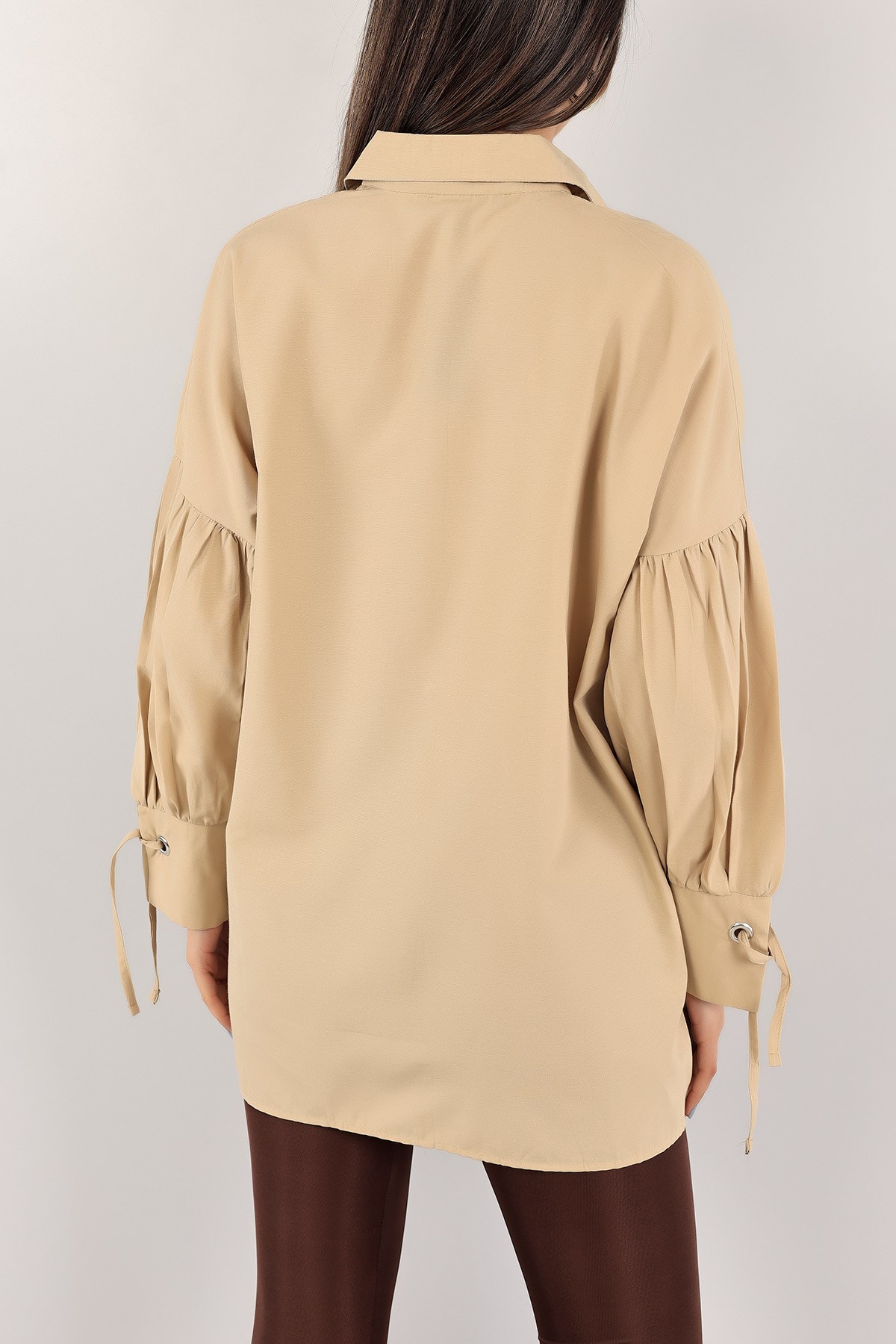 Bej Kuş Gözlü Poplin Kumaş Gömlek Tunik 115973