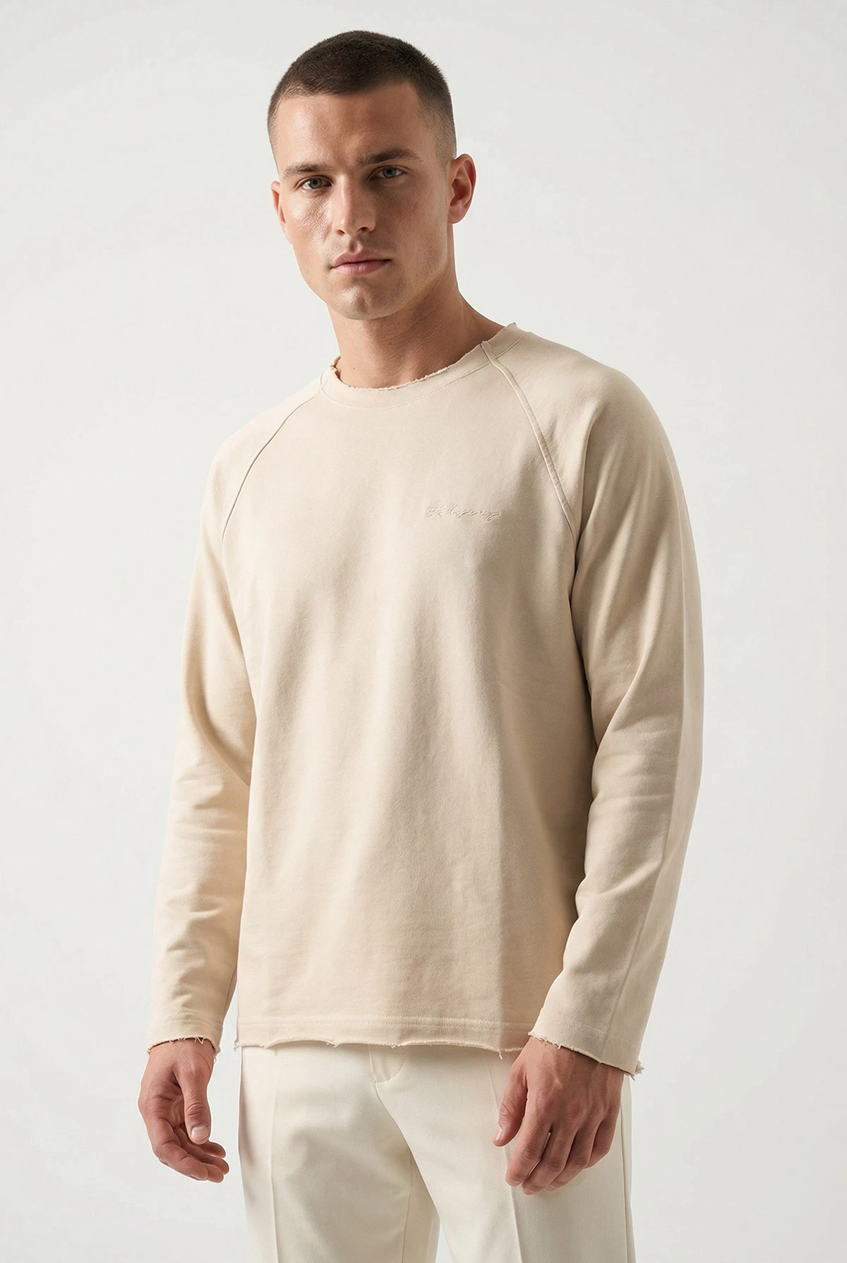 Bej Lazer Kesim Nakışlı Erkek Sweatshirt 422033
