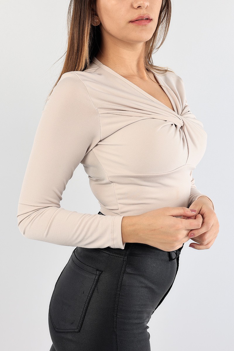 Bej Likralı Crop Bluz 89483