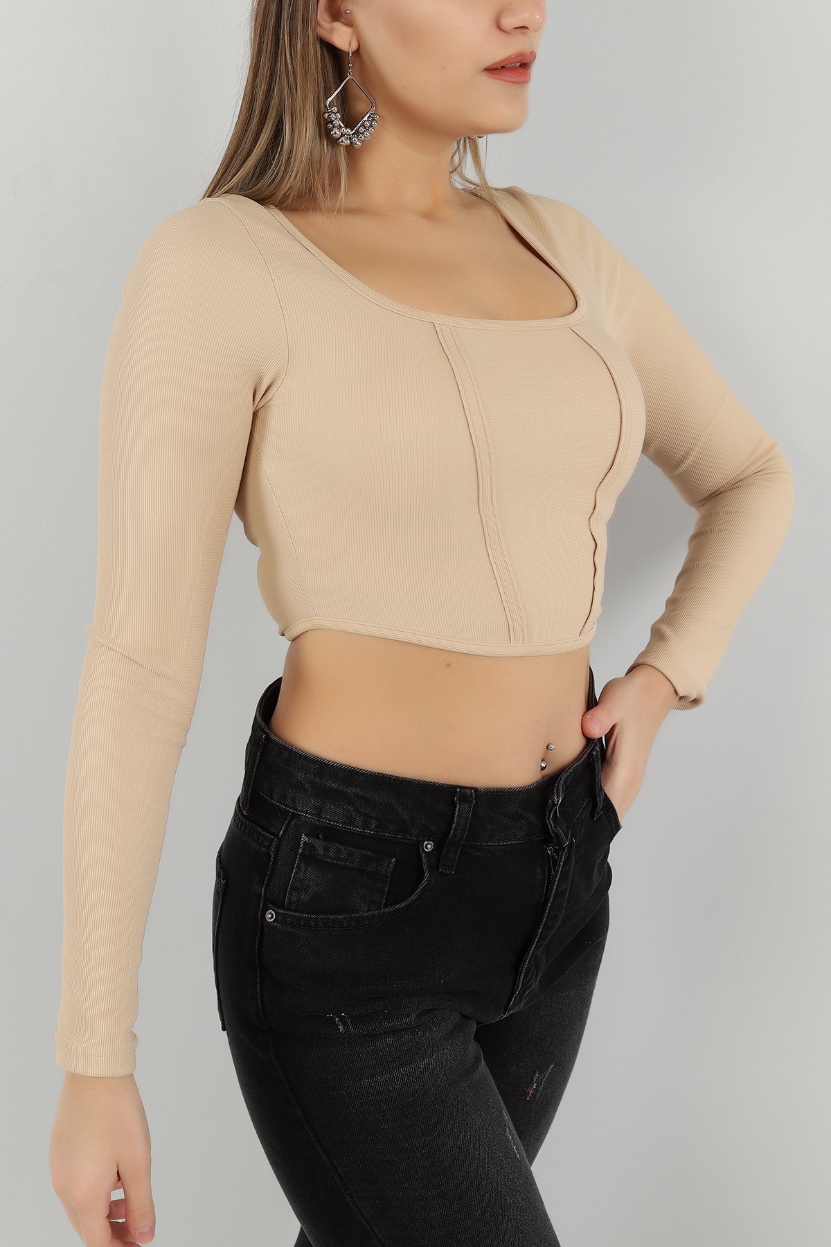 Bej Likralı Ottoman Kumaş Bluz 148395