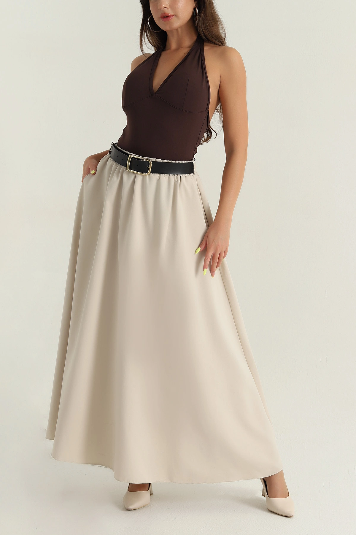 Bej Liza Soft Kemerli Kadın Etek 393114