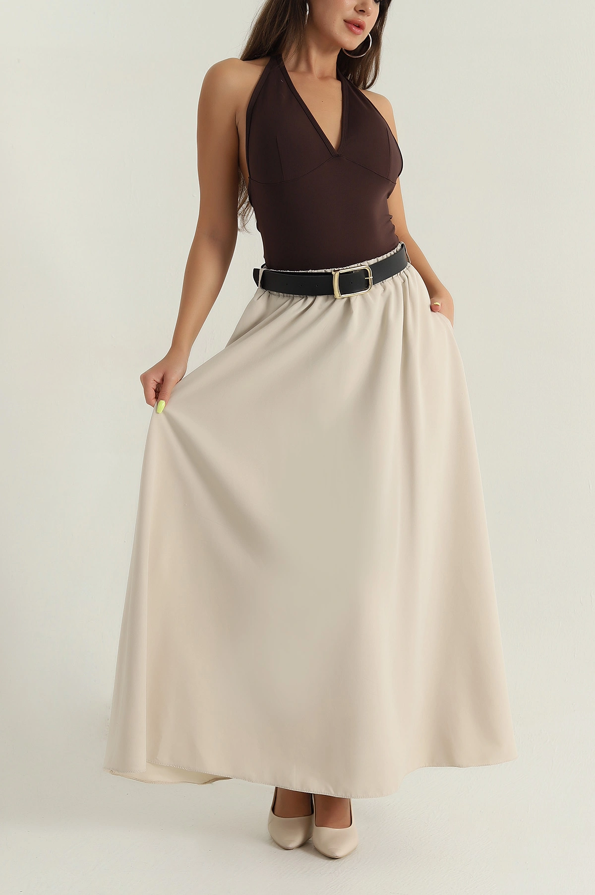 Bej Liza Soft Kemerli Kadın Etek 393114