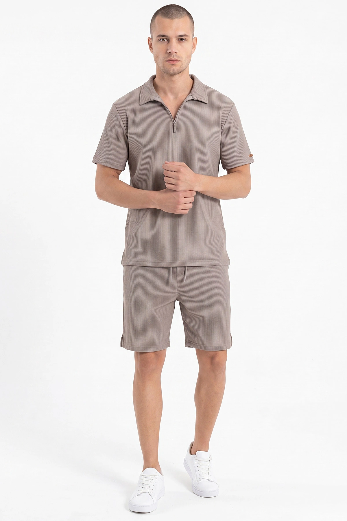 Bej Look Kumaş Yarım Fermuarlı Erkek Şortlu Takım 467645
