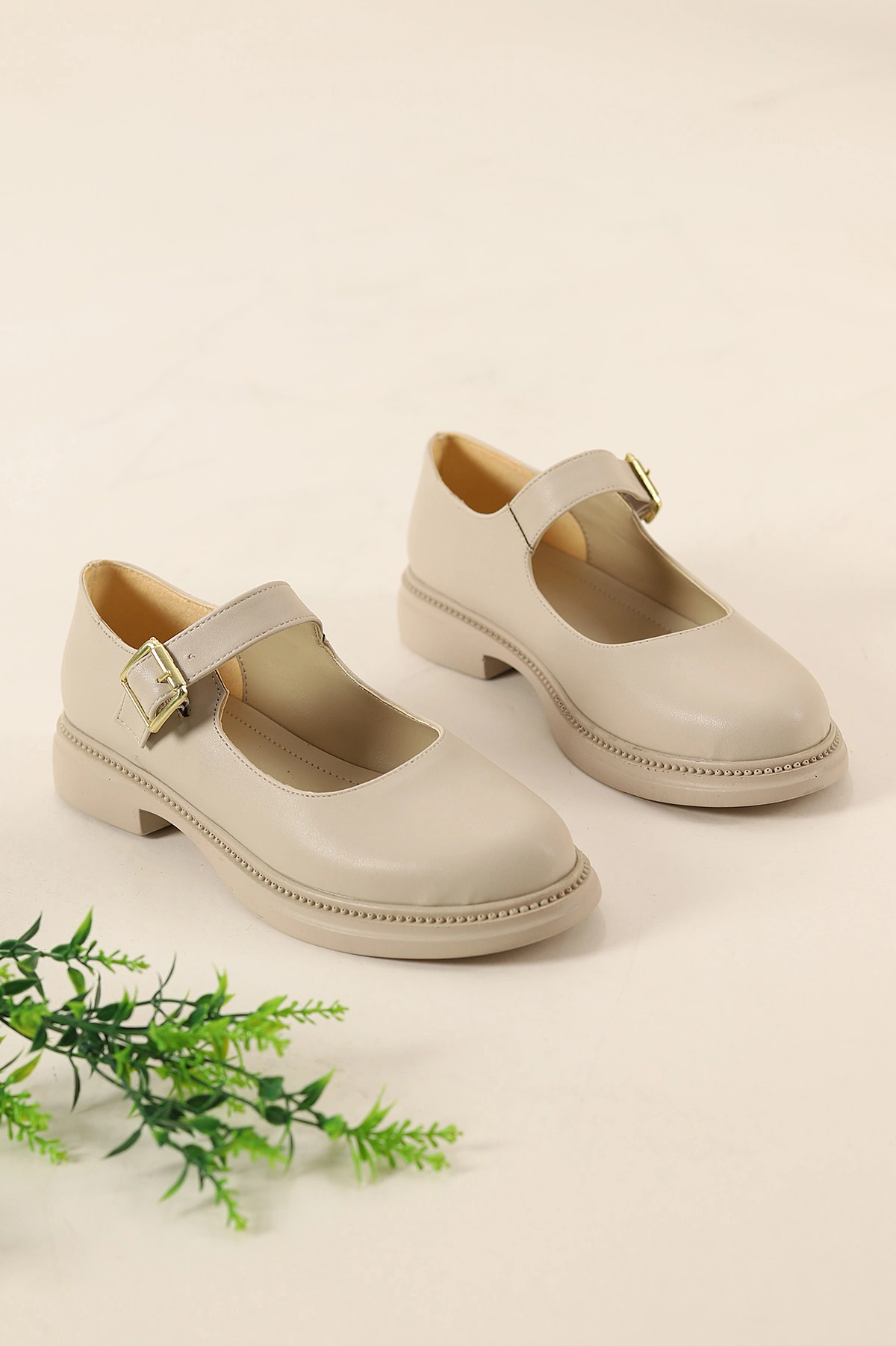 Bej Mary Jane Kemer Detaylı Kadın Loafer Ayakkabı 337195