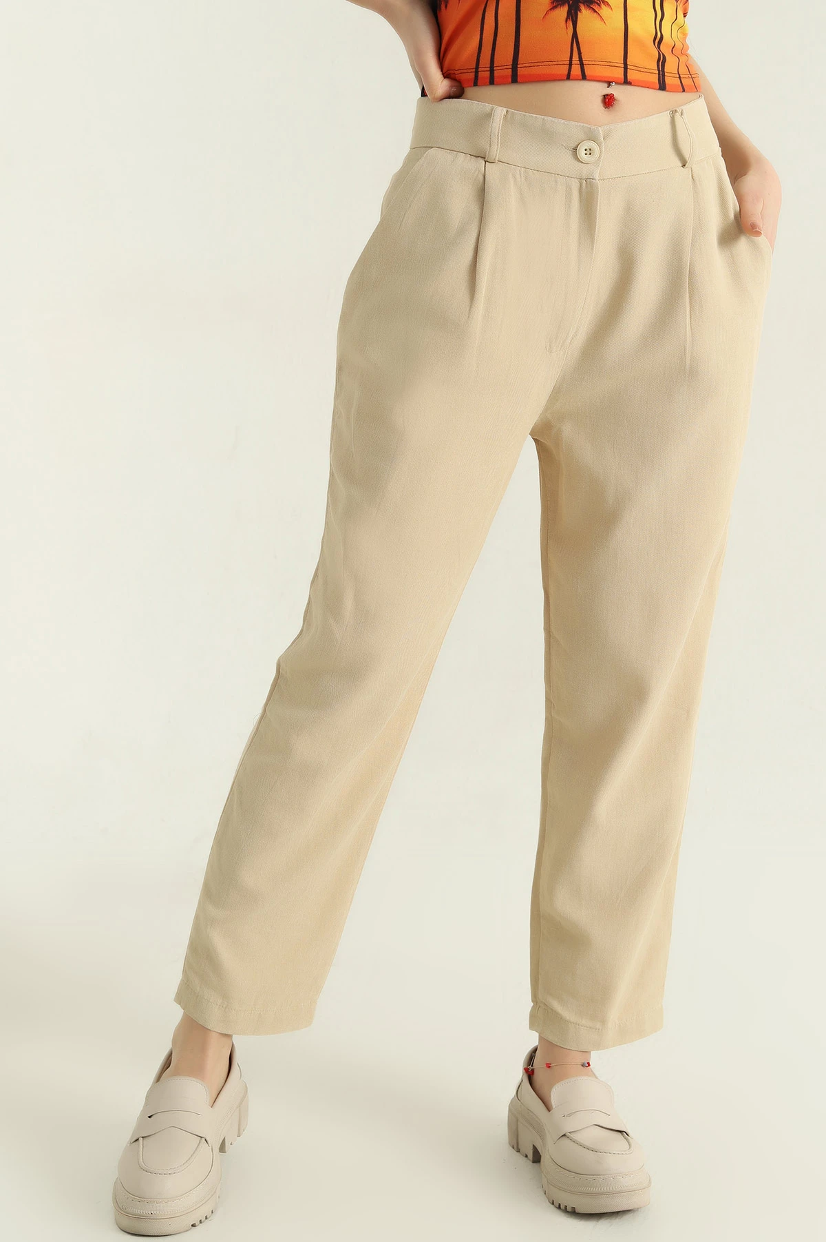 Bej Mom Cepli Bayan Keten Pantolon 336952