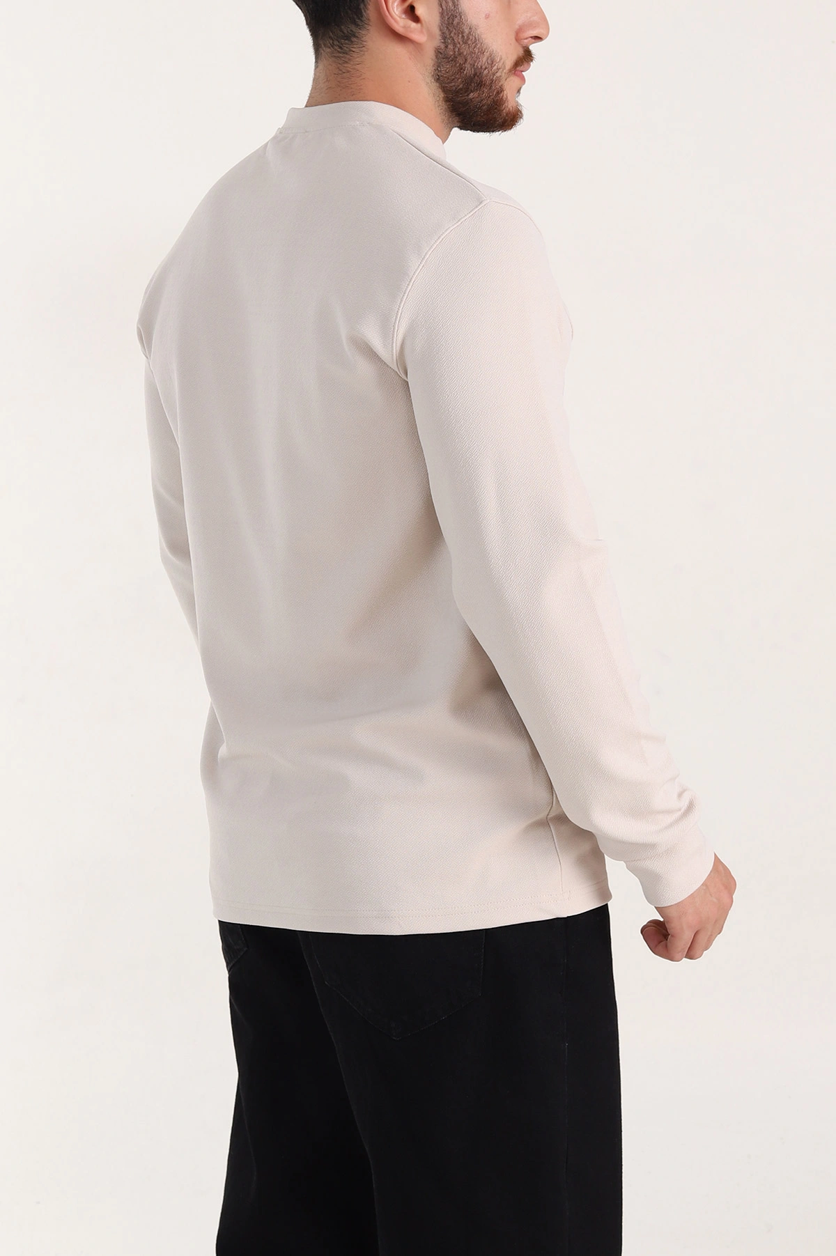 Bej Nakış Detaylı Bisiklet Yaka Erkek Sweatshirt 396256