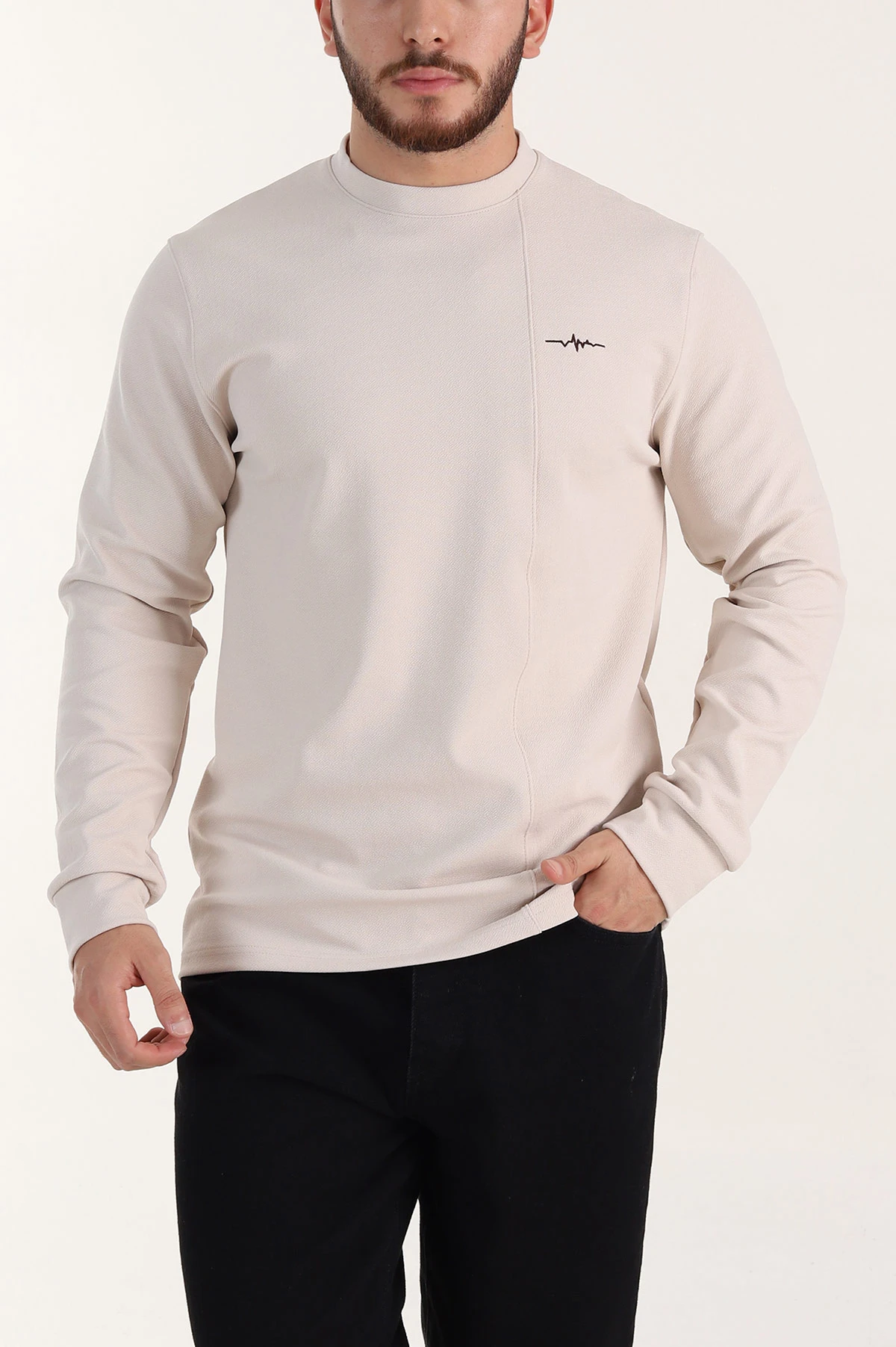 Bej Nakış Detaylı Bisiklet Yaka Erkek Sweatshirt 396256
