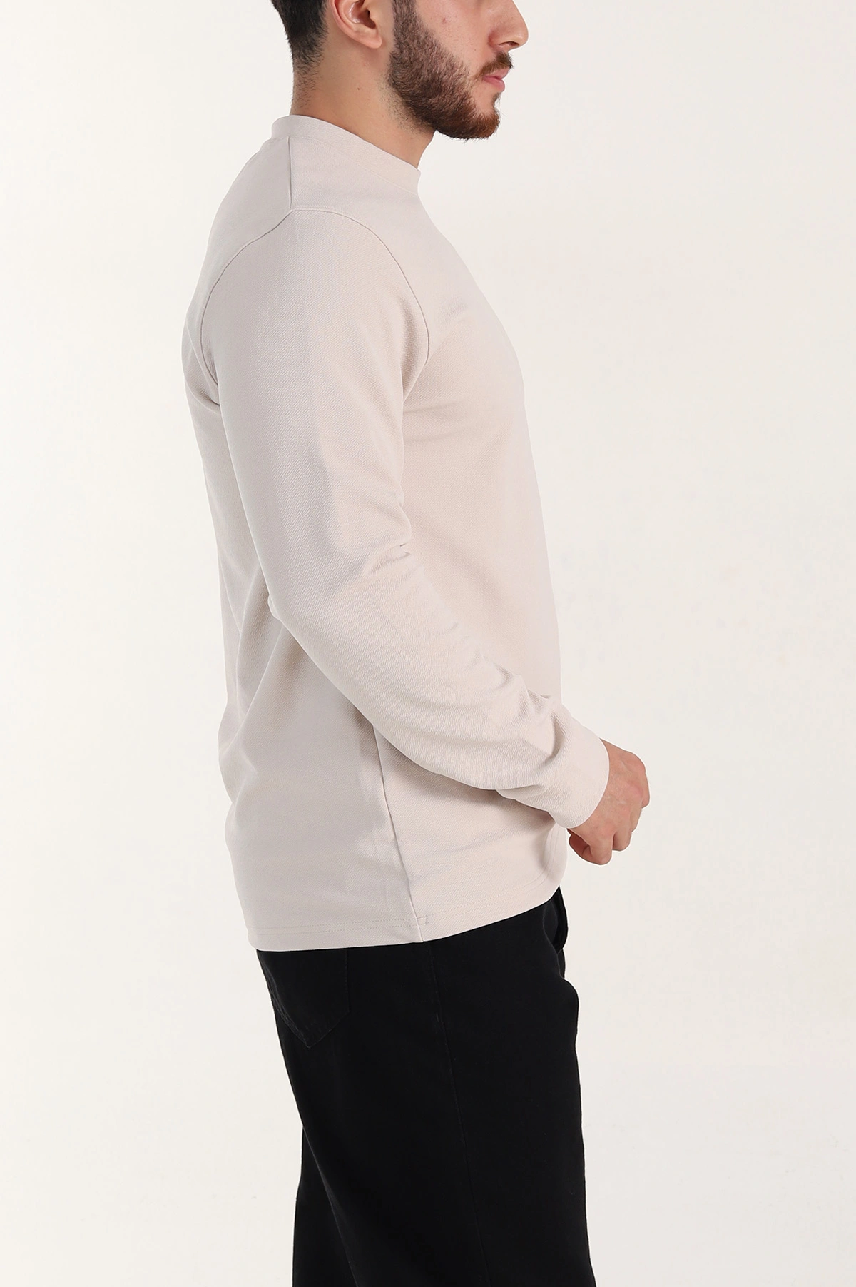 Bej Nakış Detaylı Bisiklet Yaka Erkek Sweatshirt 396256