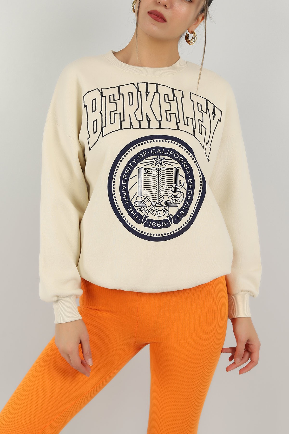 Bej Nakışlı İçi Şardonlu Bayan Sweat -T 143194