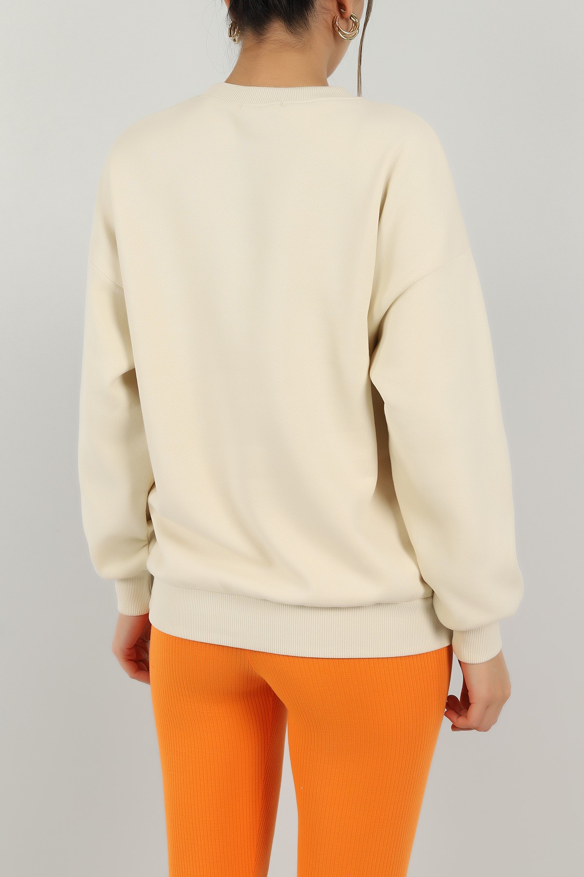 Bej Nakışlı İçi Şardonlu Bayan Sweat -T 143194