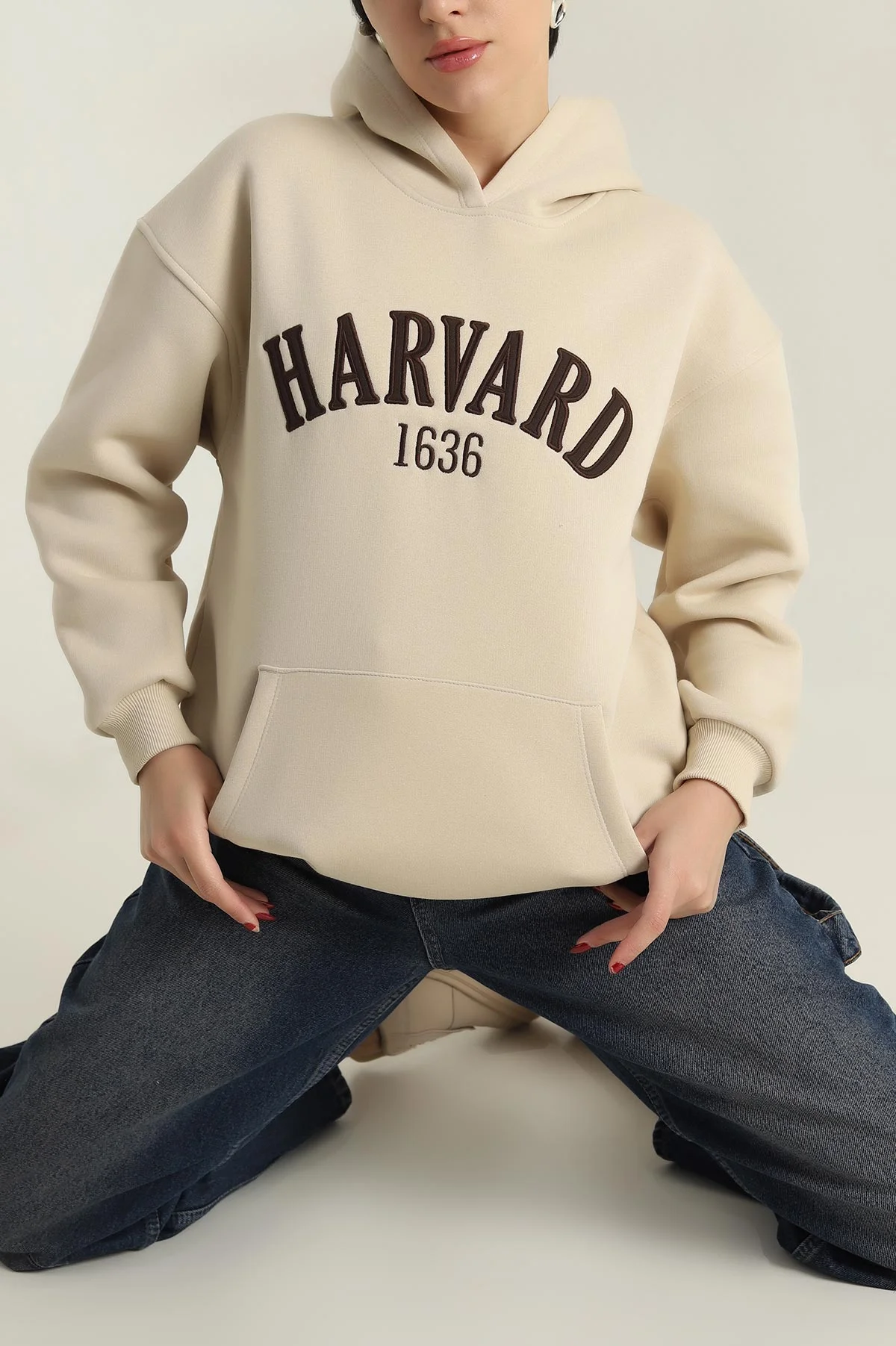 Bej Nakışlı Kapşonlu Şardonlu Üç İp Kadın Sweat 417963