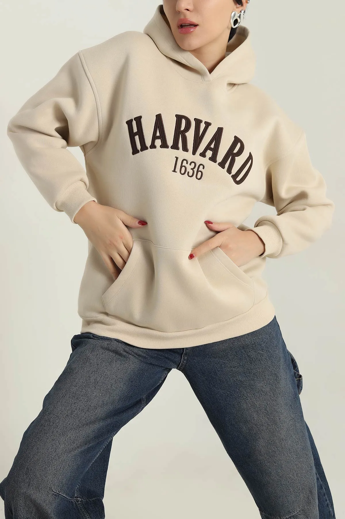 Bej Nakışlı Kapşonlu Şardonlu Üç İp Kadın Sweat 417963